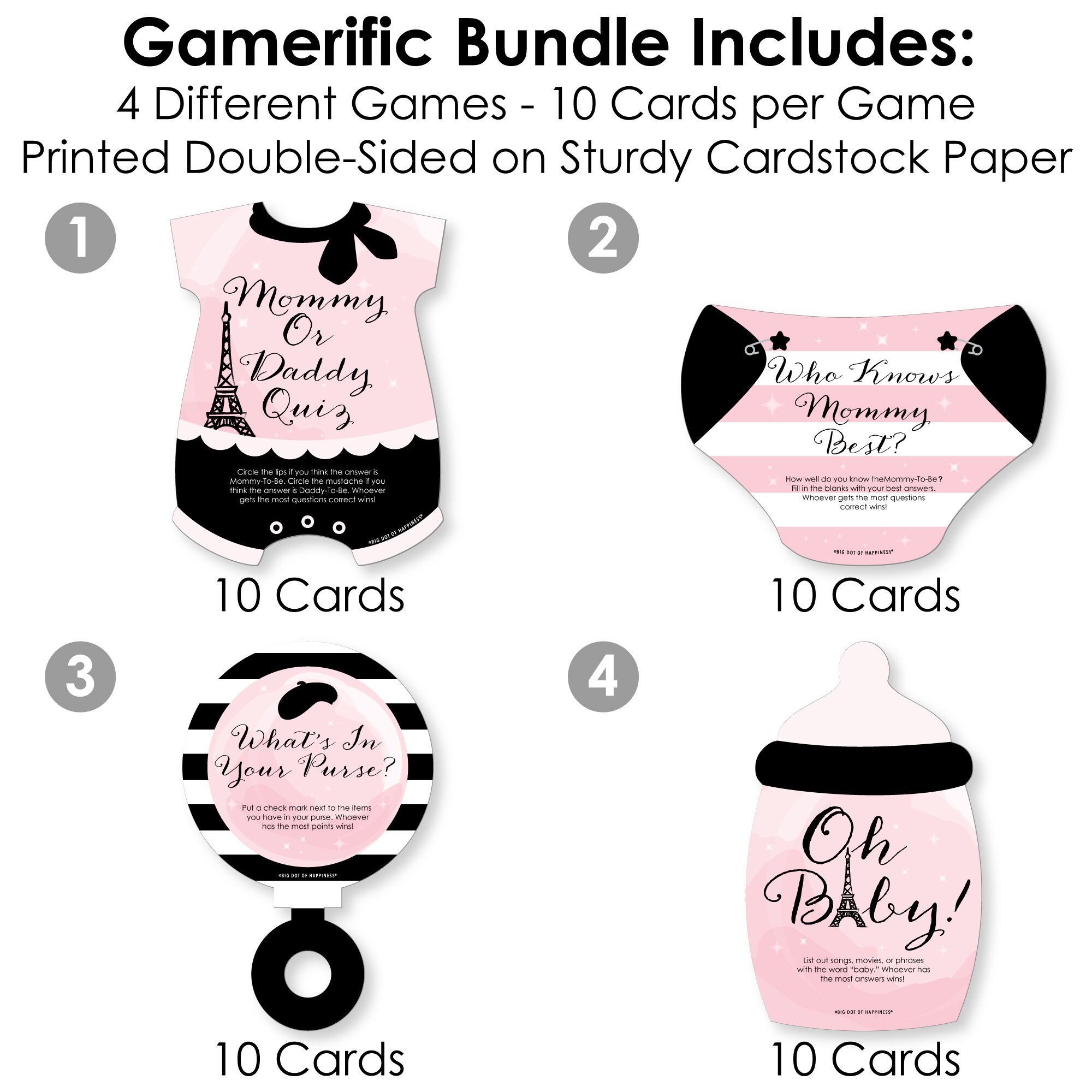 Paris-Themed Baby Shower Games Bundle - 4 Games, 10 Cards Each, Printed On Cardstock, Made In USA