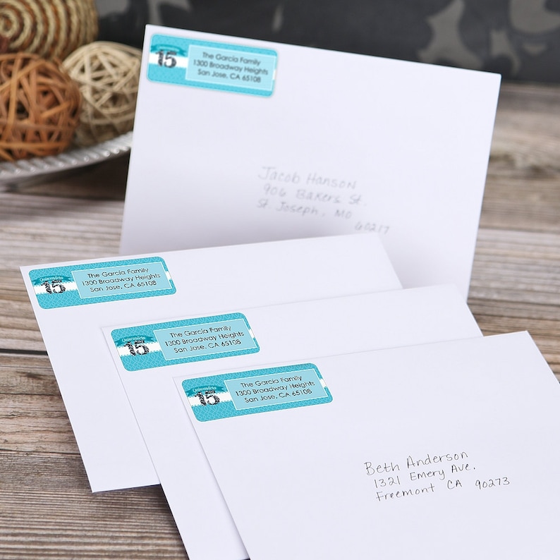 Quinceanera 30 Count Personalized Birthday Party Return Address Sticker Aqua Address Labels Sweet 15