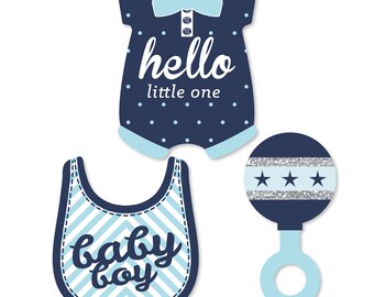 Hello Little One - Bleu et Argent - DIY Shaped Boy Baby Shower Paper Cut-Outs - 24 ct