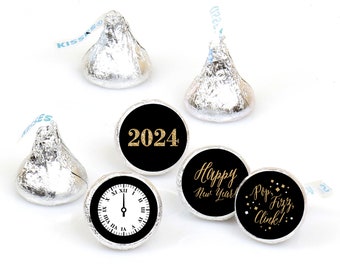 New Year's Eve - Gold - Round Candy 2024 New Years Eve Sticker Favors - Labels Fit Chocolate Candy (1 sheet of 108)