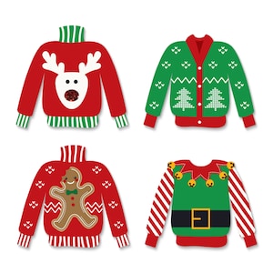 Puede incluir: Cuatro su&eacute;teres navide&ntilde;os en rojo y verde. Los dise&ntilde;os incluyen un reno, un su&eacute;ter verde con &aacute;rboles de Navidad, un hombre de jengibre y un su&eacute;ter con tem&aacute;tica de elfo con campanas.