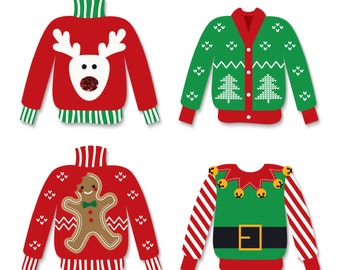 Ugly Sweater - DIY Shaped Christmas Party Small Paper Cut Outs - Holiday Party DIY Decoration Kit - Tacky Sweater Party - 24 pc.