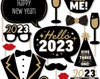 Hello New Year - 2023 NYE Party Photo Booth Props Kit - 20 Count