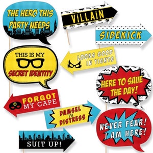 Superhero Photo Booth Props - Comic Book Party Photo Booth Prop Kit - Baby Shower or Birthday Props - Funny Bam! Superhero Props - 10 pc.