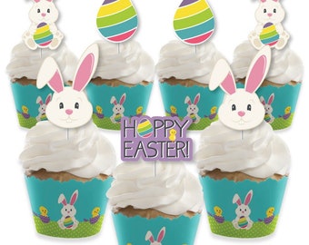 Hippity Hoppity - Cupcake Decoration - Easter Bunny Party Cupcake Wrappers and Treat Picks Kit - Set of 24