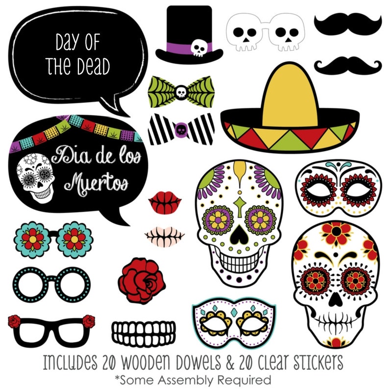 Dia de los Muertos Photo Booth Props Kit 12 Count Day Of The Dead