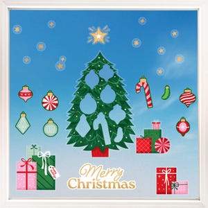 May include: A framed Christmas-themed illustration with a blue sky background. A green Christmas tree is decorated with ornaments and candy canes. Several wrapped gifts are at the bottom, and the words "Merry Christmas" are written in gold.