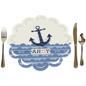 Ahoy - Nautical - Baby Shower or Birthday Party Round Table Decorations - Paper Chargers - Place Setting For 12