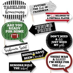 Funny Homecoming - Photo Booth Props - Football Themed Prop Kit - School Dance Photo Booth Props Kit - 10 Photo Props & Dowels