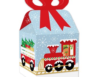 Christmas Train - Square Favor Gift Boxes - Holiday Party Bow Boxes - Set of 12