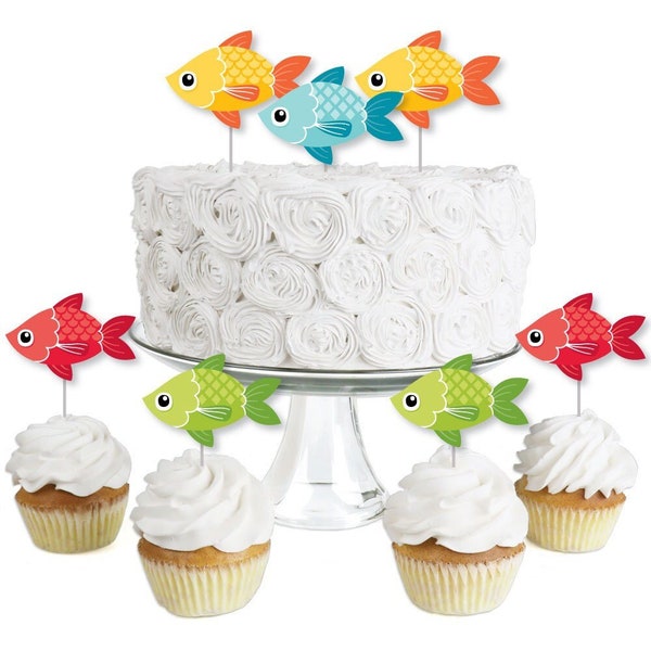 Let’s Go Fishing - Dessert Cupcake Toppers - Fish Themed Birthday Party or Baby Shower Clear Treat Picks - Set of 24