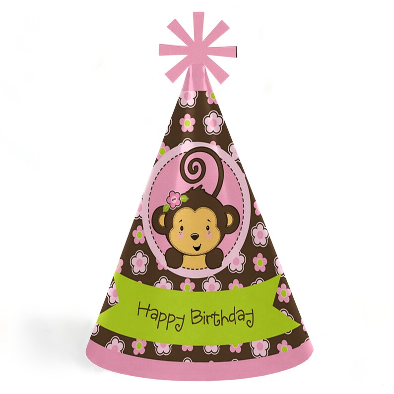 Pink Monkey Girl Birthday Party Cone Happy Birthday Party Hats for Kids and Adults Set of 8 Standard Size image 1