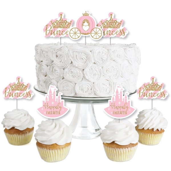 Little Princess Crown - Dessert Cupcake Toppers - Pink and Gold Princess Baby Shower or Birthday Party Clear Treat Picks - Set of 24