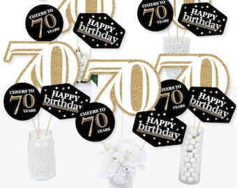 Adult 70th Birthday - Gold - Centerpiece Sticks - Black and Gold Birthday Party Table Toppers - 70th Birthday Centerpiece Supplies - 15 Ct.