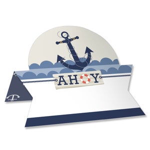 May include: Blue and white nautical themed place card holder with an anchor and the word "Ahoy" on a wooden sign.