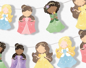 May include: A string of princess-themed paper cutouts. Each princess is depicted in a different colored gown, including blue, pink, green, and yellow. The princesses have various skin tones and hairstyles, and are strung together with a thin, white string.