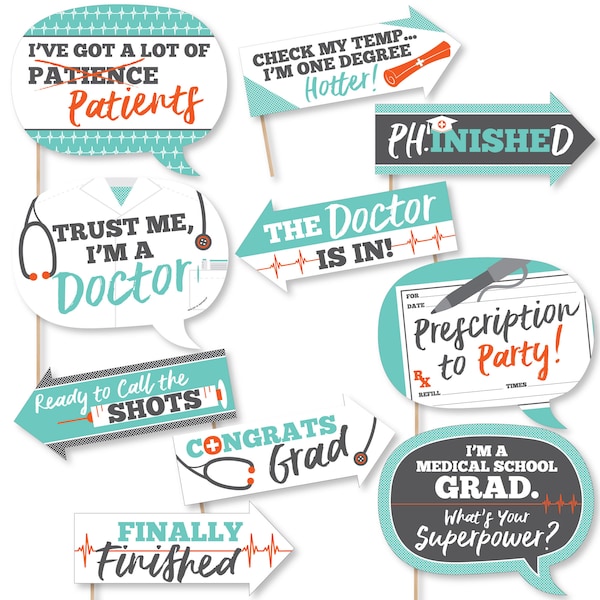 Funny Medical School Grad - Doctor Graduation Party Photo Booth Props Kit - 10 Piece