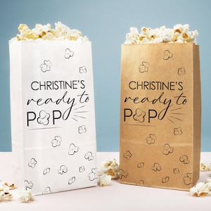 Personalized Ready to Pop Popcorn Bags, Custom Baby Shower Favor Snack Treats, Individual White or Kraft Brown Paper Bags - 25 or 100 Count