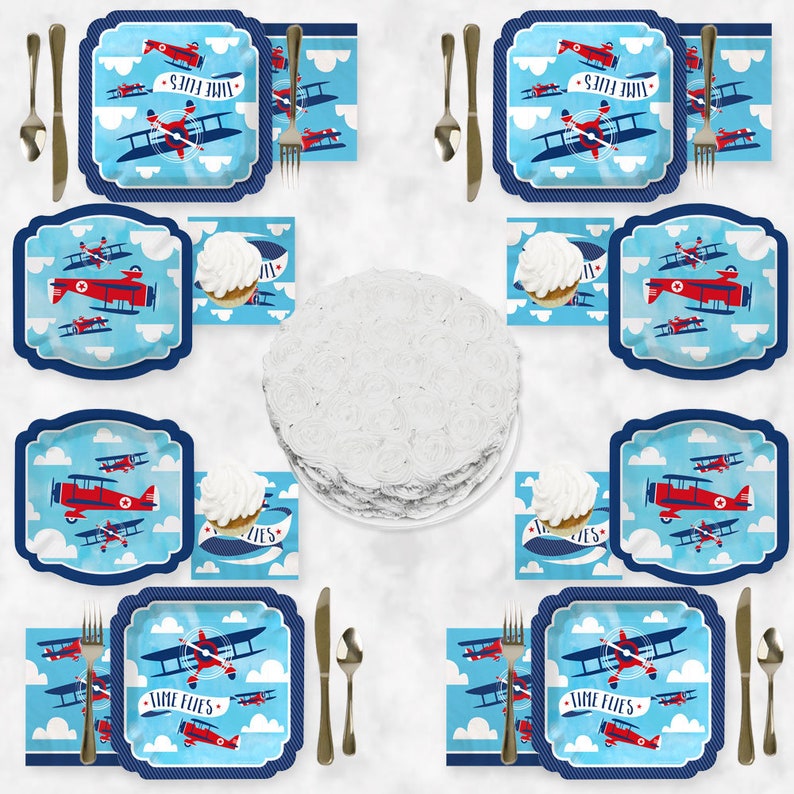 Vintage Plane Baby Shower or Birthday Party Tableware Plates and Napkins Airplane Party -32 piece place setting Taking Flight Airplane
