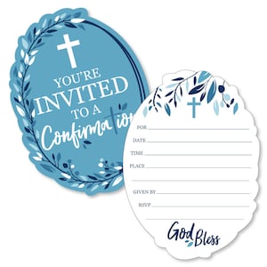 May include: Blue and white confirmation invitation with a cross and floral design. The text reads "You're Invited to a Confirmation".