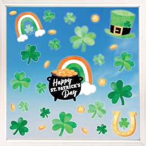 May include: A festive St. Patrick's Day design featuring a pot of gold, rainbows, shamrocks, and a leprechaun hat against a blue sky background. The words "Happy St. Patrick's Day" are written on the pot of gold. Includes gold coins and a horseshoe.