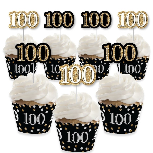 Adult 100th Birthday - Gold - Cupcake Decoration - Birthday Party Cupcake Wrappers and Treat Picks Kit - Set of 24