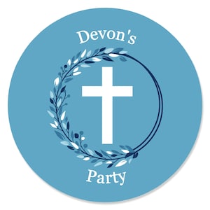 May include: Blue and white round sticker with a white cross in a wreath of blue and white leaves. The text "Devon's Party" is printed on the sticker.