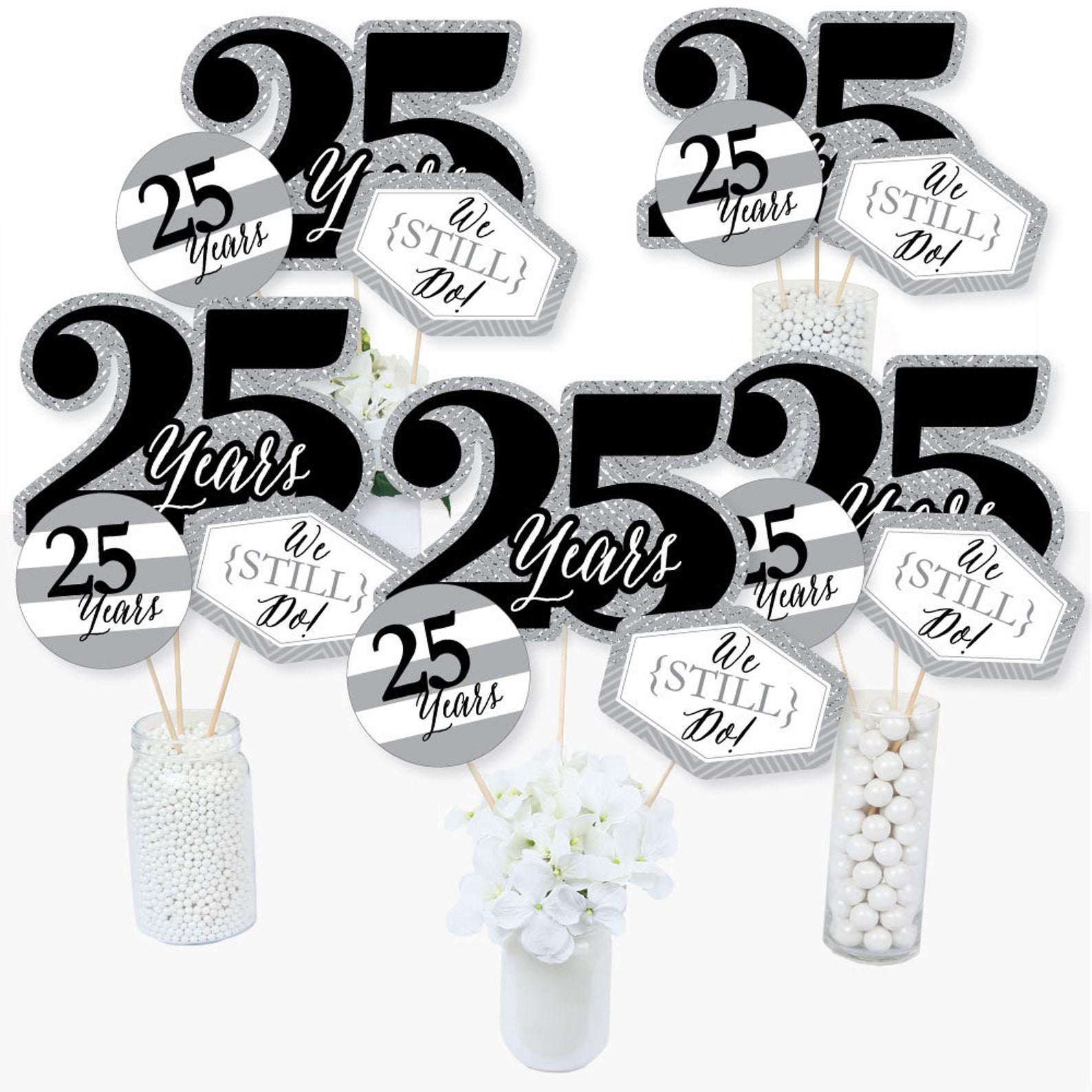 25th Wedding Anniversary  Centerpiece Sticks  We Still Do Table Toppers  25th Silver Anniversary Centerpiece Party Supplies  15 Ct