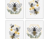 Little Bumblebee - Unframed Bee Decor Linen Paper Wall Art - Set of 4 - Artisms - 8 x 10 inches Il_170x135