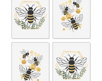 Little Bumblebee - Unframed Bee Decor Linen Paper Wall Art - Set of 4 - Artisms - 8 x 10 inches