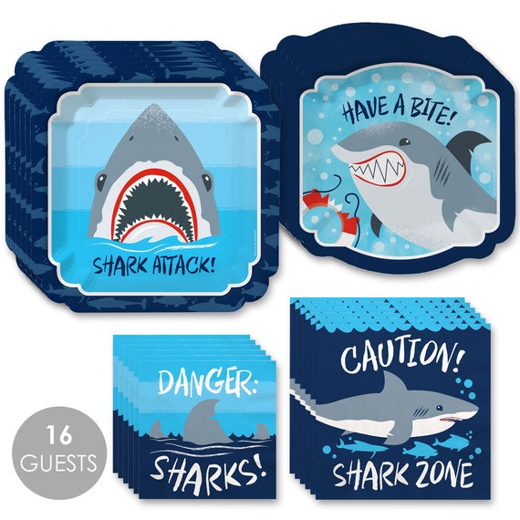 Shark Zone - Jawsome Shark Viewing Week Party or Birthday Party Tableware Plates and Napkins - Shark Party - 16 piece place setting Il_570xn