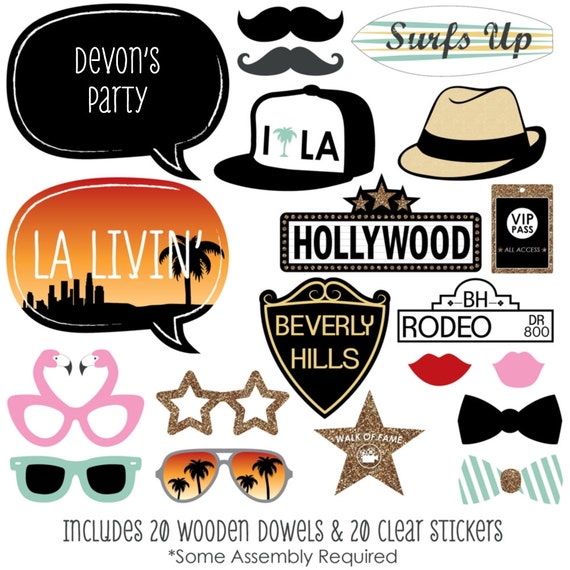 LA LIVIN’ – Hollywood California Party Booth Props Kit - Hollywood with Mustache, Hat, Bow Tie, Glasses and Custom Talk Bubble - 20 Ct. Il_570xn