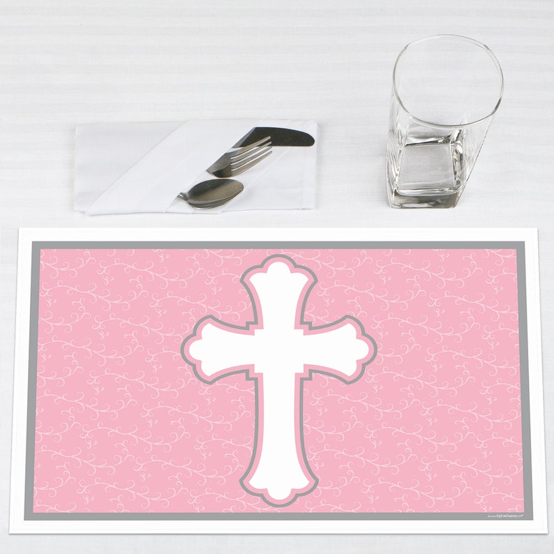 Little Miracle Girl Pink and Gray Cross Party Supplies -Set of 12 Baby Shower or Baptism Placemat Party Table Decorations