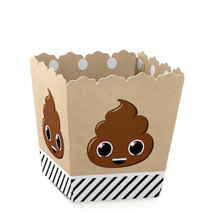 May include: Brown cardboard party favor box with a white polka dot pattern and black and white stripes. The box features a cartoon poop emoji with a smiling face.