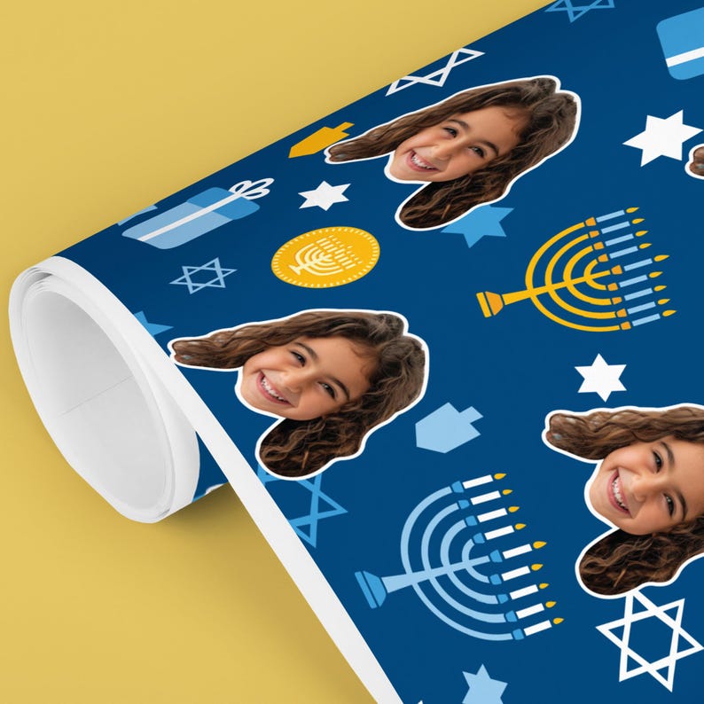 Hanukkah Menorah Fun Face, Personalized Photo Wrapping Paper, Funny Custom Face Hanukkah Gift Wrapping Paper Roll, 24 in x 7 feet image 5