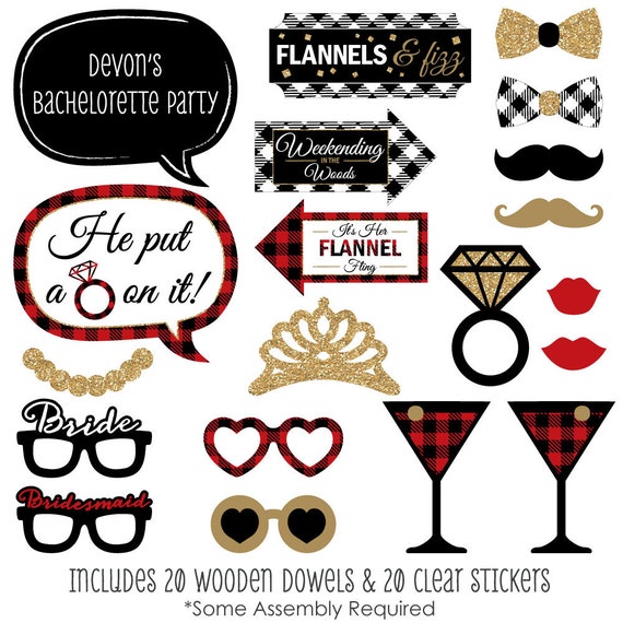 Bachelorette Party - Photo Booth Props - Flannel Fling Before The Ring - w/ Hat, Bow Tie, Glasses & Custom Talk Bubble - Buffalo Plaid 20 pc Il_570xn