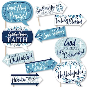 May include: A set of 10 blue and white photo booth props with religious sayings. The props include phrases like "Give Him Praise!" and "God Answers Prayers".