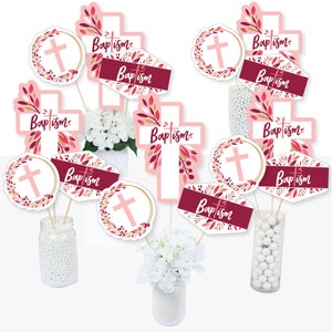 Baptism Pink Elegant Cross - Centerpiece Sticks - Girl Religious Party Table Toppers - Table Toppers - 15 Ct.