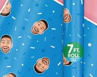 Personalized Photo Blue Birthday Wrapping Paper, Funny Custom Face Bday Gift Wrap for Boy Birthdays, 24 in x 7 feet