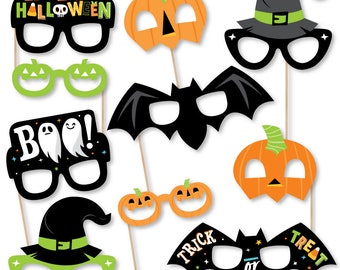 Jack-O'-Lantern Halloween Glasses and Masks - Paper Card Stock Kids Halloween Party Photo Booth Props Kit - 10 Count