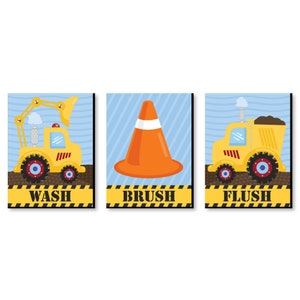 Construction Truck - Kids Bathroom Rules Wall Art Décor - 7.5” x 10” Kids Wall Art - Bathroom Decor - Wash, Brush, Flush - Set of 3 Prints