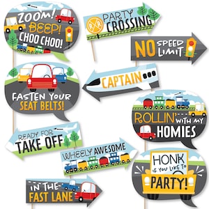Funny Cars, Trains, and Airplanes - Transportation Birthday Party Photo Booth Props Kit - 10 Piece