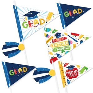 May include: Set of graduation party decorations featuring blue and white pennant flags with the words "Grad" and "Congrats Grad!" and the phrase "The future is bright!"  The flags are decorated with graduation caps, pencils, rulers, and other school supplies.