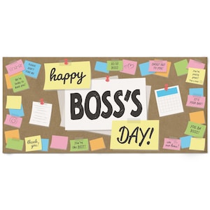 Puede incluir: Un tablón de anuncios rectangular marrón con el texto Happy Boss's Day en letras negras grandes. El tablero está cubierto con varias notas adhesivas coloridas en tonos amarillo, rosa, azul y verde, algunas con mensajes escritos a mano.
