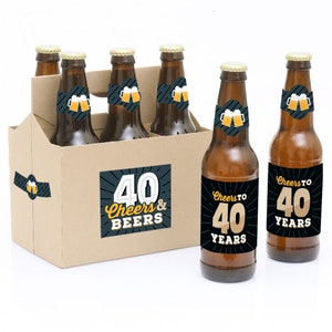 Cheers and Beers to 40 Years - 40th Birthday Party Decorations for Women and Men - 6 Beer Bottle Label Stickers and 1 Carrier