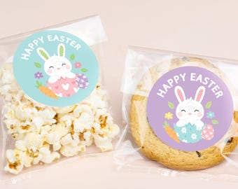 Happy Easter Bunny Stickers & Clear Cookie Bags, Cellophane Treat Bags 4.25x7 In., Pastel Spring Party Favor Gifts Candy Baked Goods - 25 Ct