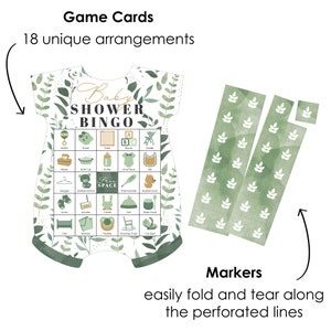 Pode incluir: Um conjunto de 18 cart&otilde;es de bingo para ch&aacute; de beb&ecirc; imprim&iacute;veis com um design floral verde e branco. Os cart&otilde;es s&atilde;o projetados para parecer um macac&atilde;o de beb&ecirc; e apresentam uma variedade de itens para beb&ecirc;s, como uma mamadeira, sapatos, um ber&ccedil;o, blocos, um carrinho, len&ccedil;os umedecidos, uma banheira, uma garrafa de espa&ccedil;o livre, um macac&atilde;o, um babador, cabides, um animal de pel&uacute;cia, um term&ocirc;metro, um pato de borracha, meias, um monitor, um sling, um chap&eacute;u, comida para beb&ecirc;, um ber&ccedil;o, um cobertor, um carrinho, uma cadeira de balan&ccedil;o e um assento de carro. Os cart&otilde;es s&atilde;o projetados para serem impressos e recortados, e depois usados para jogar um jogo de bingo em um ch&aacute; de beb&ecirc;.