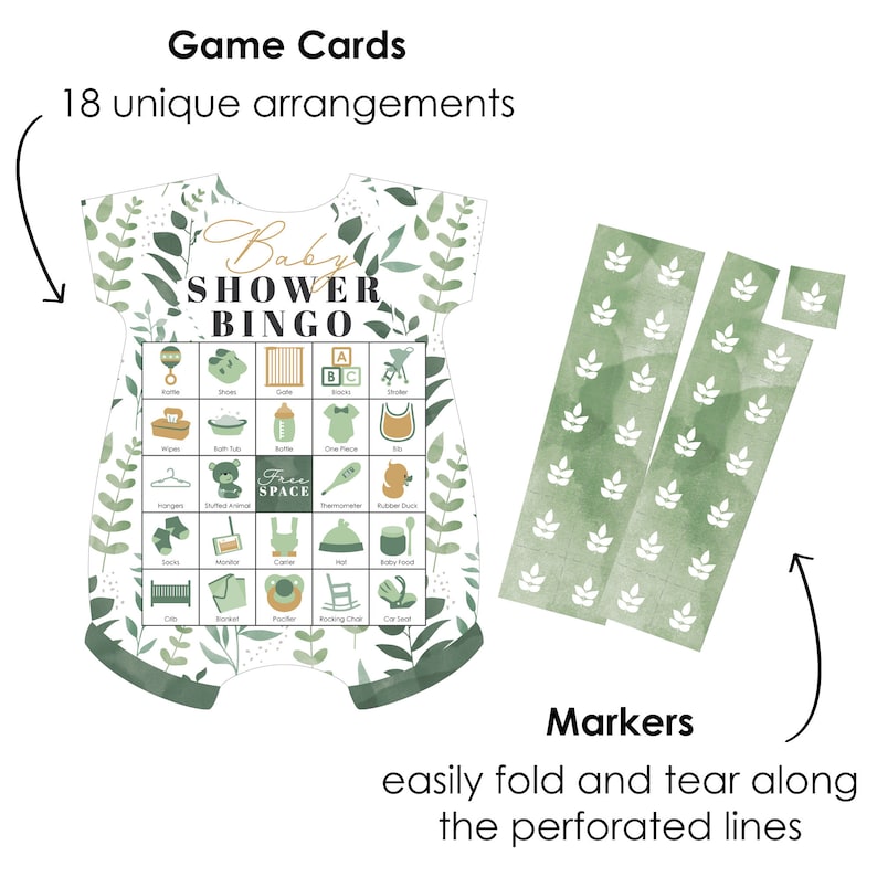 Pode incluir: Um conjunto de 18 cart&otilde;es de bingo para ch&aacute; de beb&ecirc; imprim&iacute;veis com um design floral verde e branco. Os cart&otilde;es s&atilde;o projetados para parecer um macac&atilde;o de beb&ecirc; e apresentam uma variedade de itens para beb&ecirc;s, como uma mamadeira, sapatos, um ber&ccedil;o, blocos, um carrinho, len&ccedil;os umedecidos, uma banheira, uma garrafa de espa&ccedil;o livre, um macac&atilde;o, um babador, cabides, um animal de pel&uacute;cia, um term&ocirc;metro, um pato de borracha, meias, um monitor, um sling, um chap&eacute;u, comida para beb&ecirc;, um ber&ccedil;o, um cobertor, um carrinho, uma cadeira de balan&ccedil;o e um assento de carro. Os cart&otilde;es s&atilde;o projetados para serem impressos e recortados, e depois usados para jogar um jogo de bingo em um ch&aacute; de beb&ecirc;.