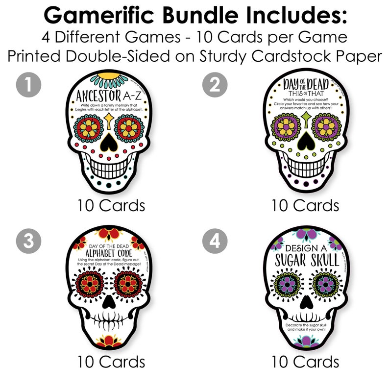 Day of the Dead 4 Halloween Sugar Skull Party Games 10 Cards Each Gamerific Bundle image 3