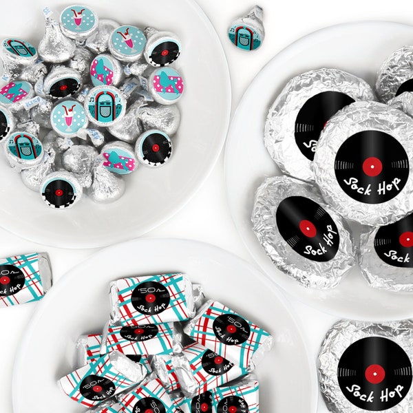 50's Sock Hop - Mini Candy Bar Wrappers, Round Candy Stickers - 1950s Rock N Roll Party Candy Favor Sticker Kit - 304 Pieces